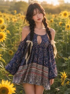 Wandering Sunflower Paths & Slow Golden Afternoons cold shoulder boho tunic